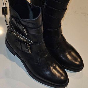 Emanuele Crasto Double Buckle Moto Boots Black ITALY Leather Women 7.5 /38 NWT